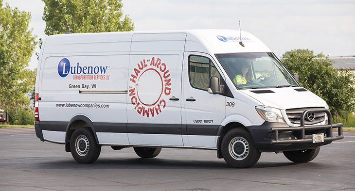 White sprinter van with a Lubenow Companies logo for smaller deliveries withe